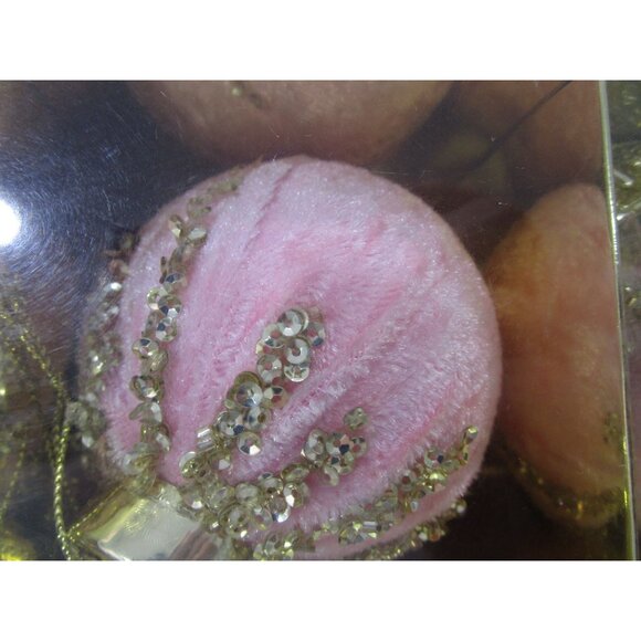 Pink Velvet Christmas Ornaments Gold Sequin Accents In Original Box EUC - Picture 4 of 10